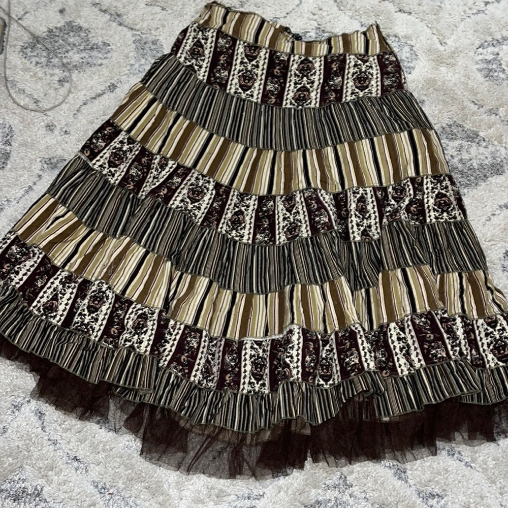 Paniz beautiful Boho paisley Stripe Tiered MIDI Skirt With Tule Hem - Picture 3 of 9